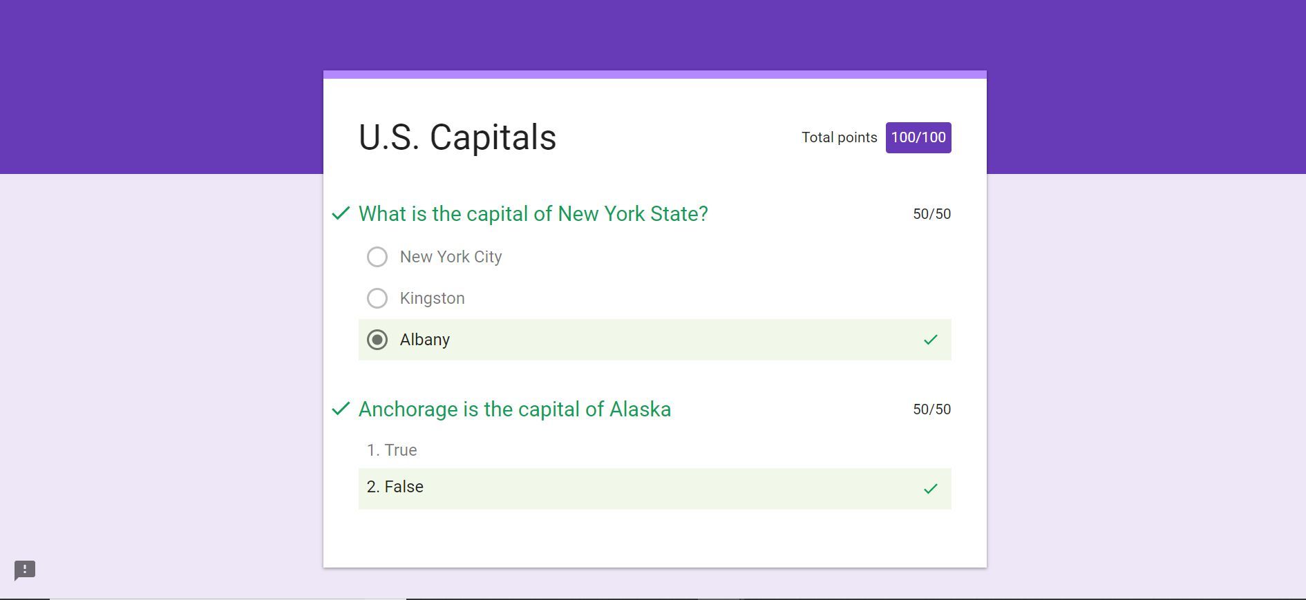 Ключ ответа Google Forms для викторины о столицах США