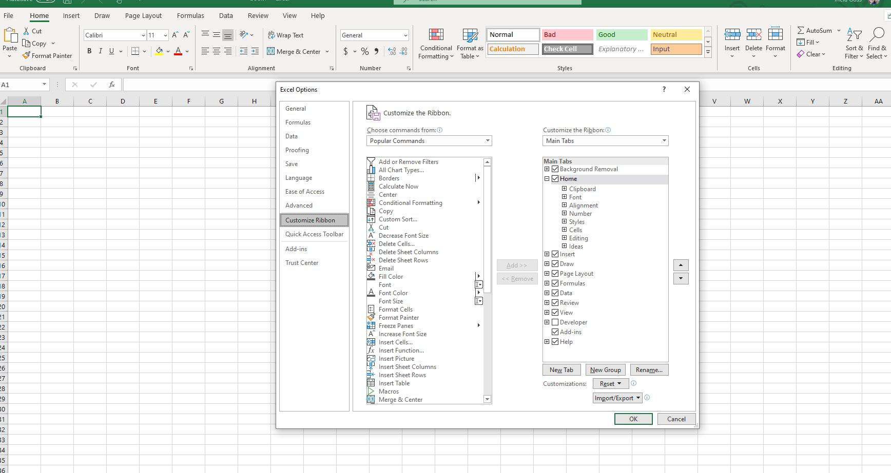 Снимок экрана: настройка ленты в параметрах Excel
