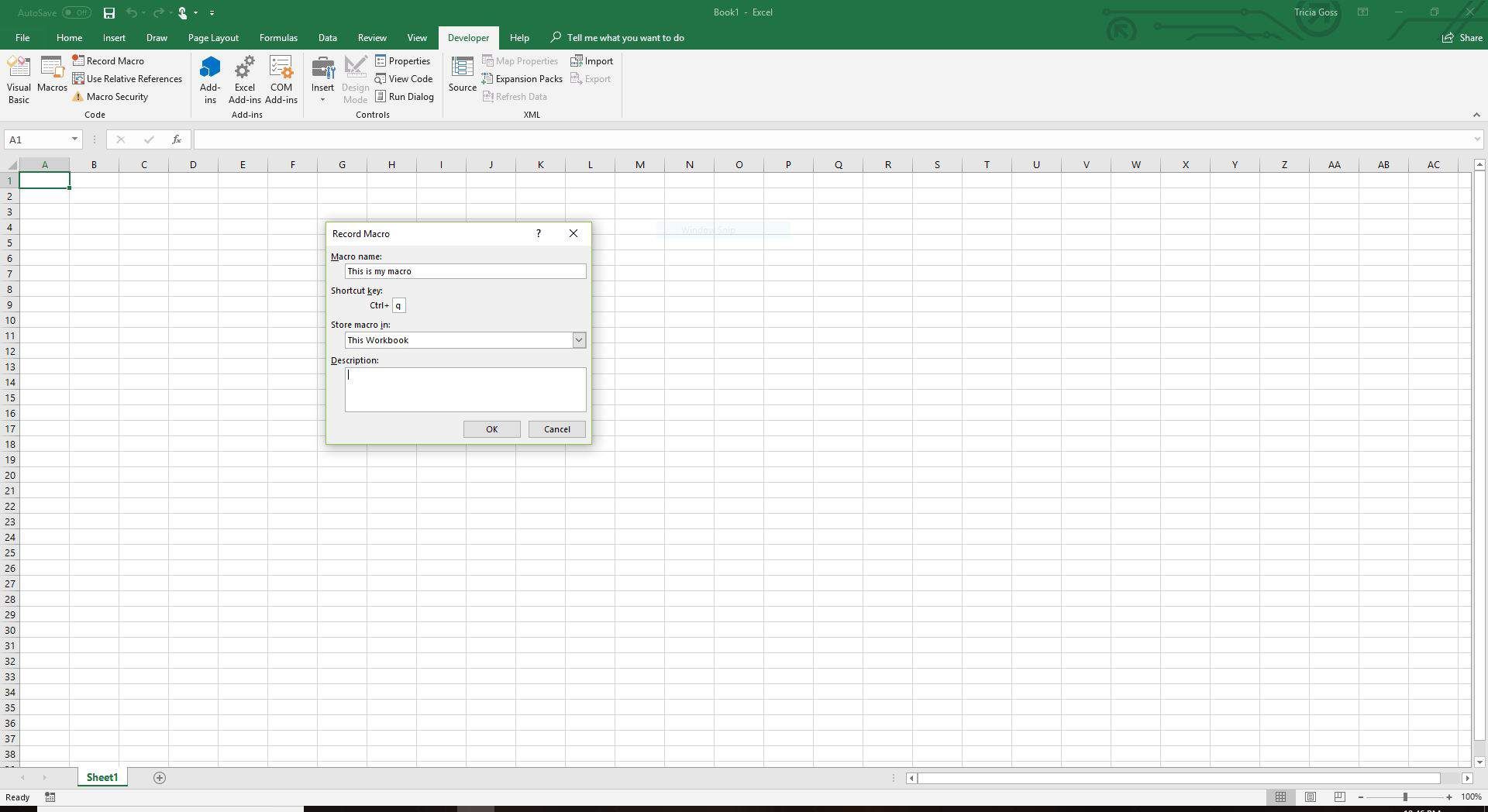 Скриншот записи макроса в Excel.
