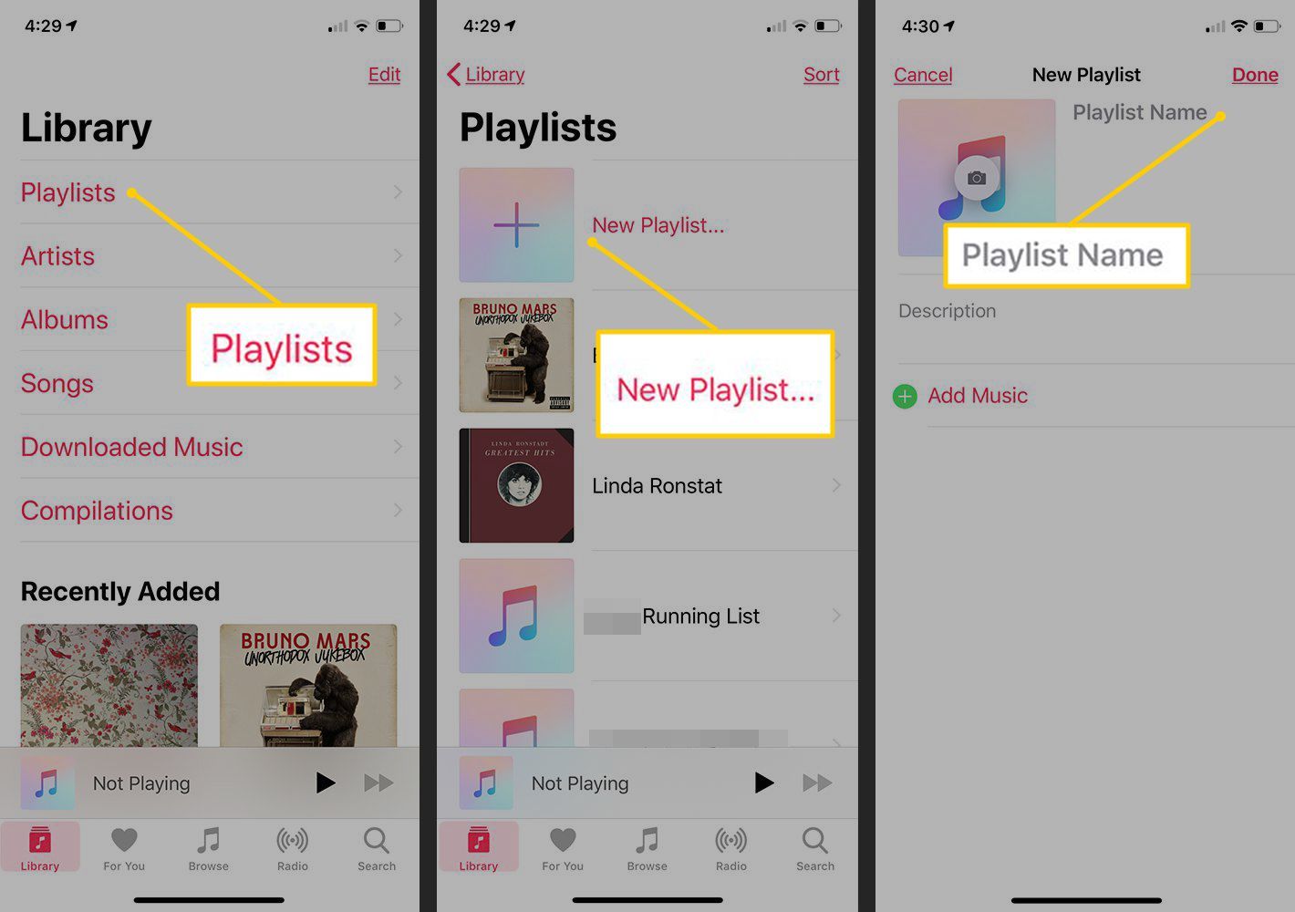 Плейлисты, новые плейлисты, поля имен плейлистов в Music для iOS