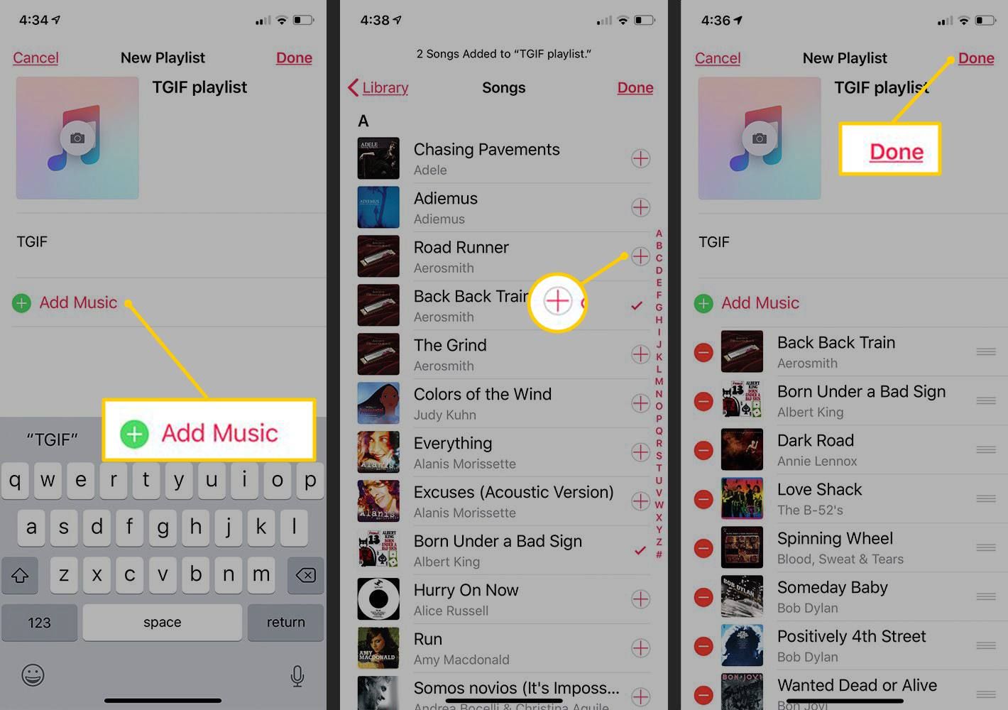 Добавить музыку, значок «Плюс», кнопку «Готово» в приложении iOS Music