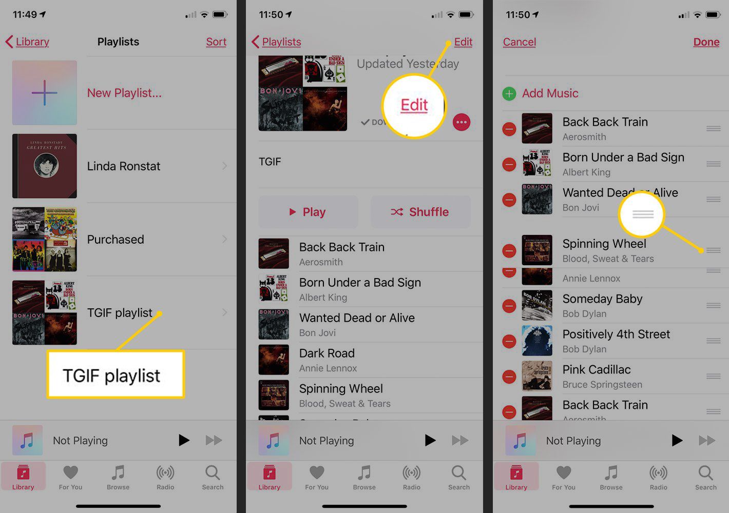 Список воспроизведения, кнопка «Изменить», значок перемещения в приложении iOS Music