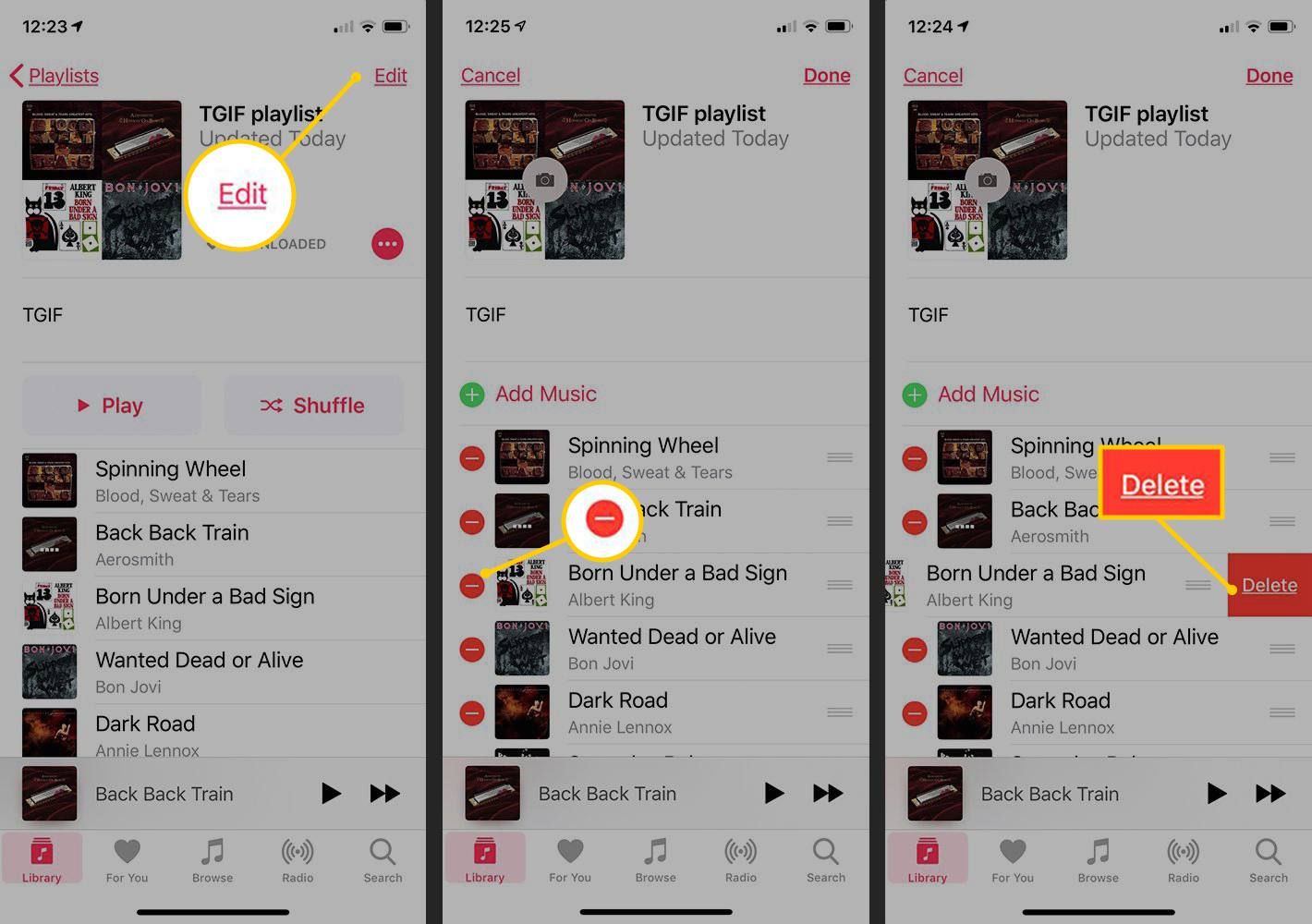 Кнопка «Редактировать», «Удалить», «Удалить подтверждение» в приложении iOS Music