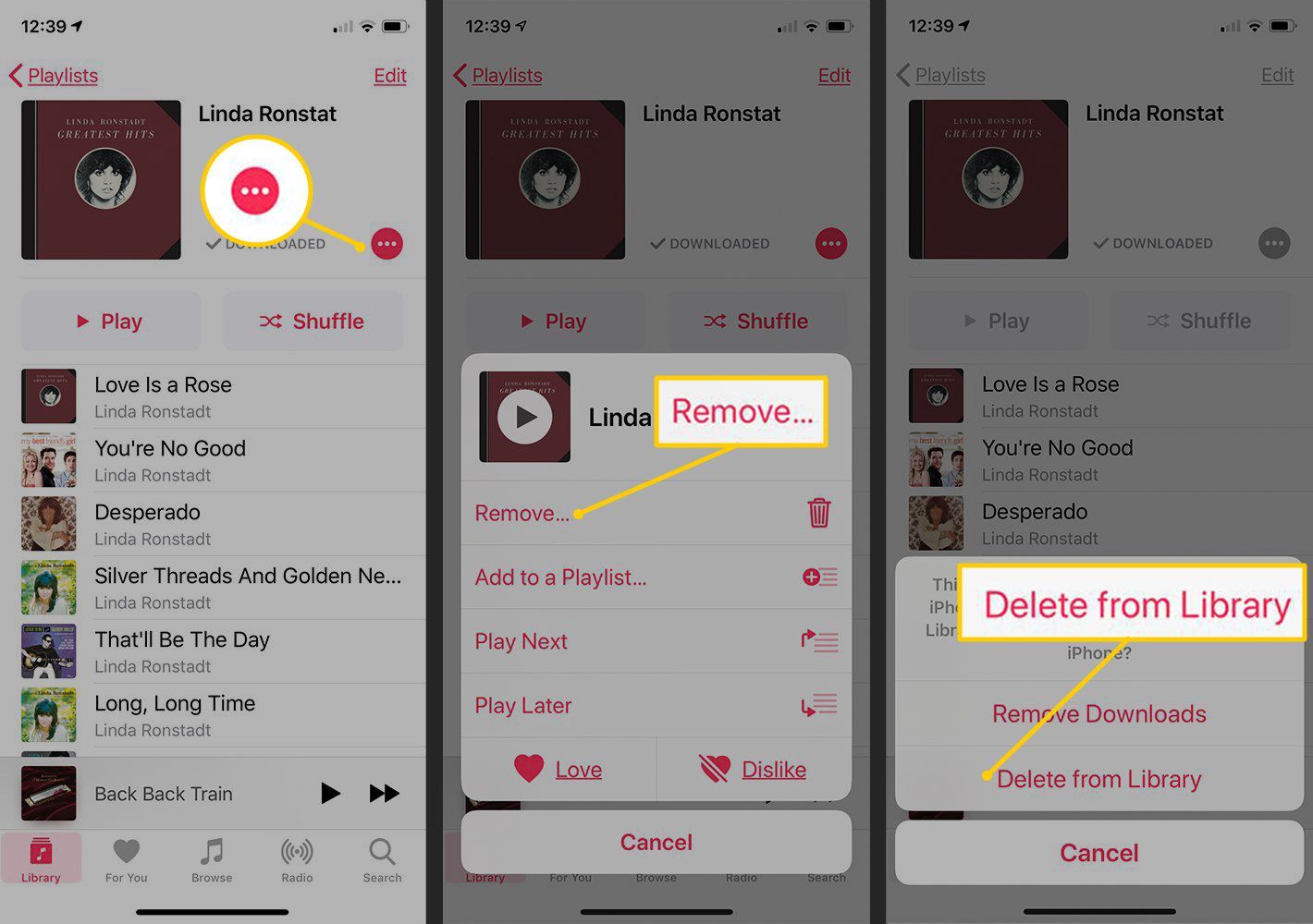 Кнопка меню, кнопка «Удалить», «Удалить из библиотеки» в приложении iOS Music
