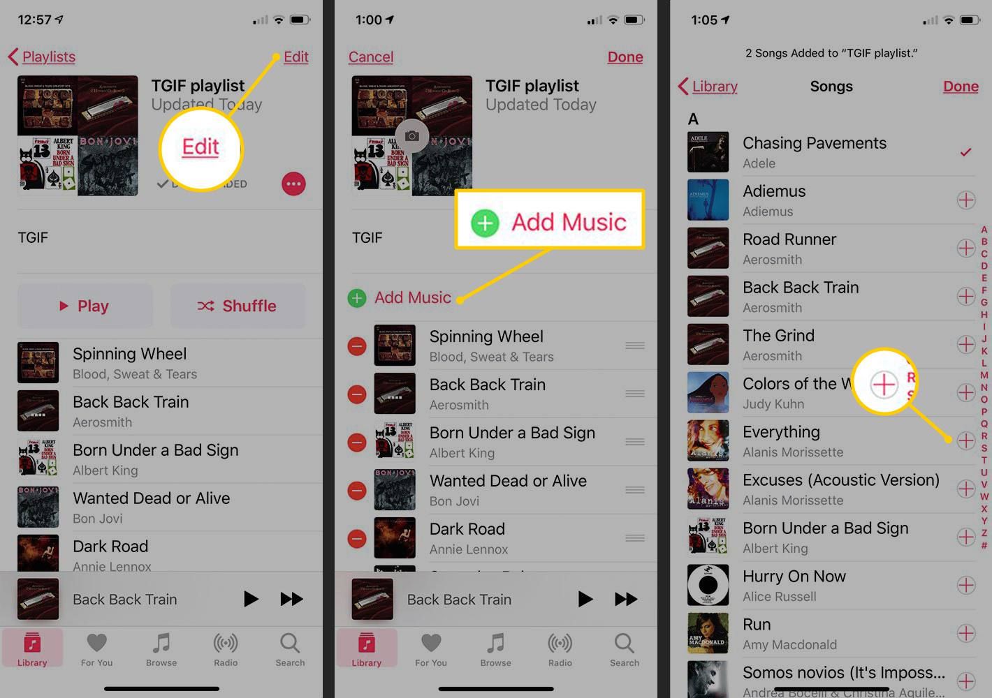 Значок «Редактировать, добавить музыку, плюс» в приложении iOS Music