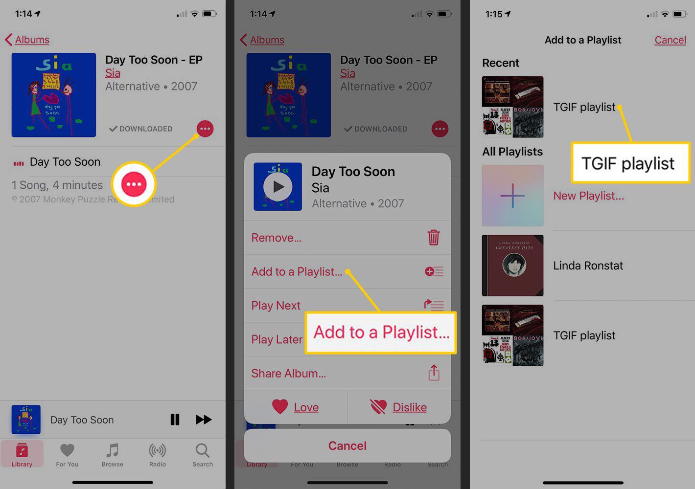 Кнопка меню, Добавить в список воспроизведения, целевой список воспроизведения в приложении iOS Music