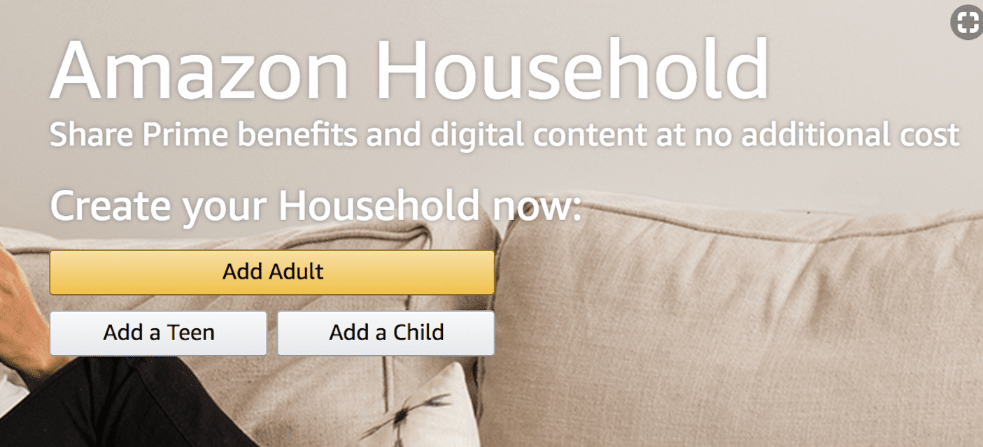 Снимок экрана страницы регистрации в домохозяйстве Amazon с кнопками «Добавить взрослого», «Добавить подростка» или «Добавить ребенка»