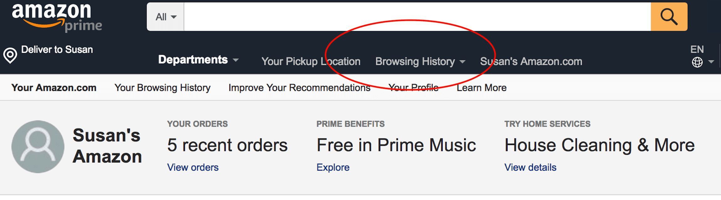 Снимок экрана домашней страницы Amazon с историей просмотра, обведенной красным
