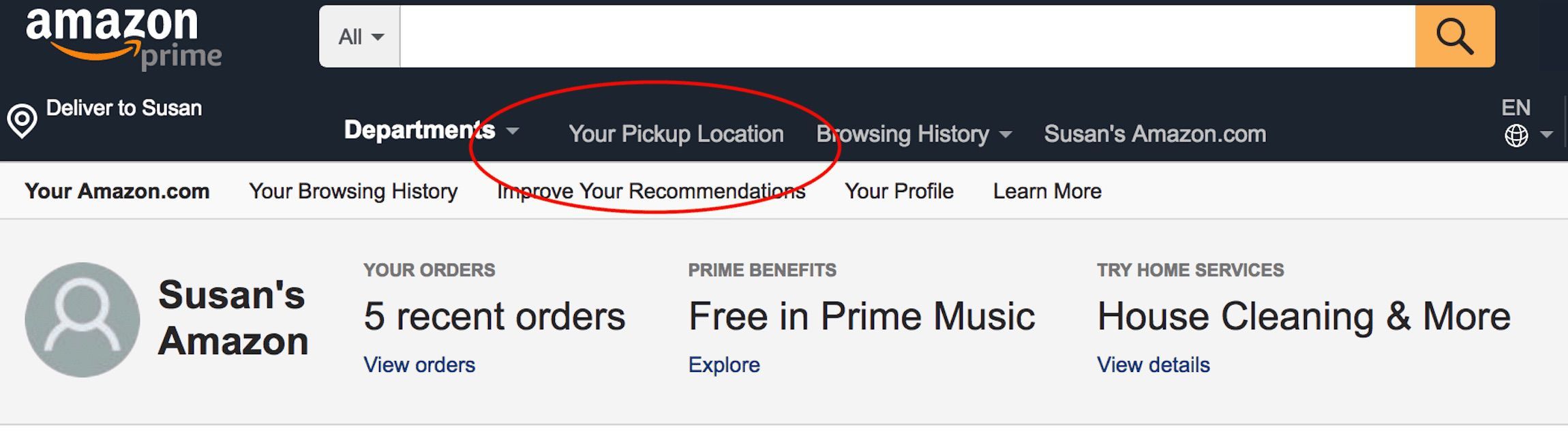 Снимок экрана с домашней страницей Amazon, на которой пункт «Пикап» выделен красным