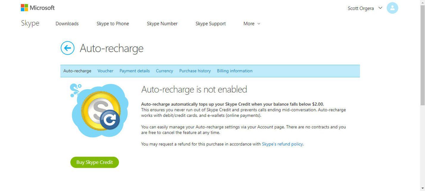 Просмотр скайпа's Auto-recharge settings screenshot