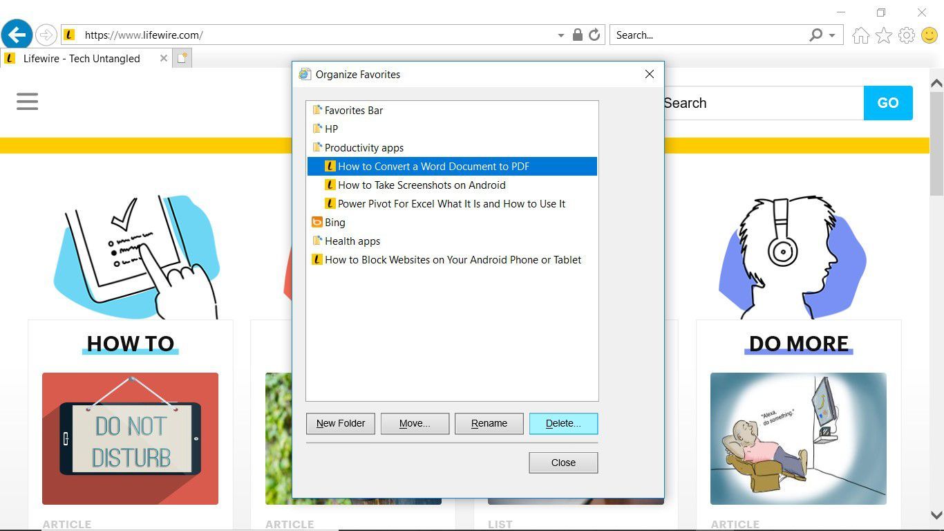 Диалоговое окно «Организовать избранное» в Internet Explorer для удаления избранного