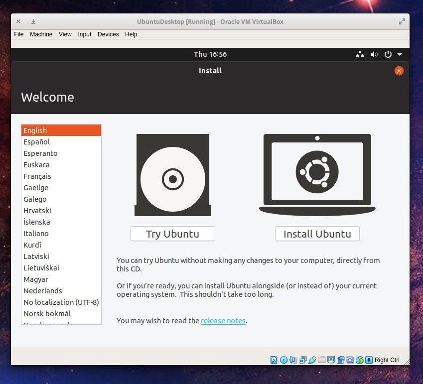 Скриншот установки первого этапа Ubuntu Linux.