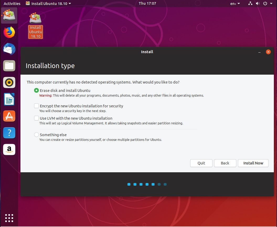 Снимок экрана: окно типа установки Ubuntu Linux.