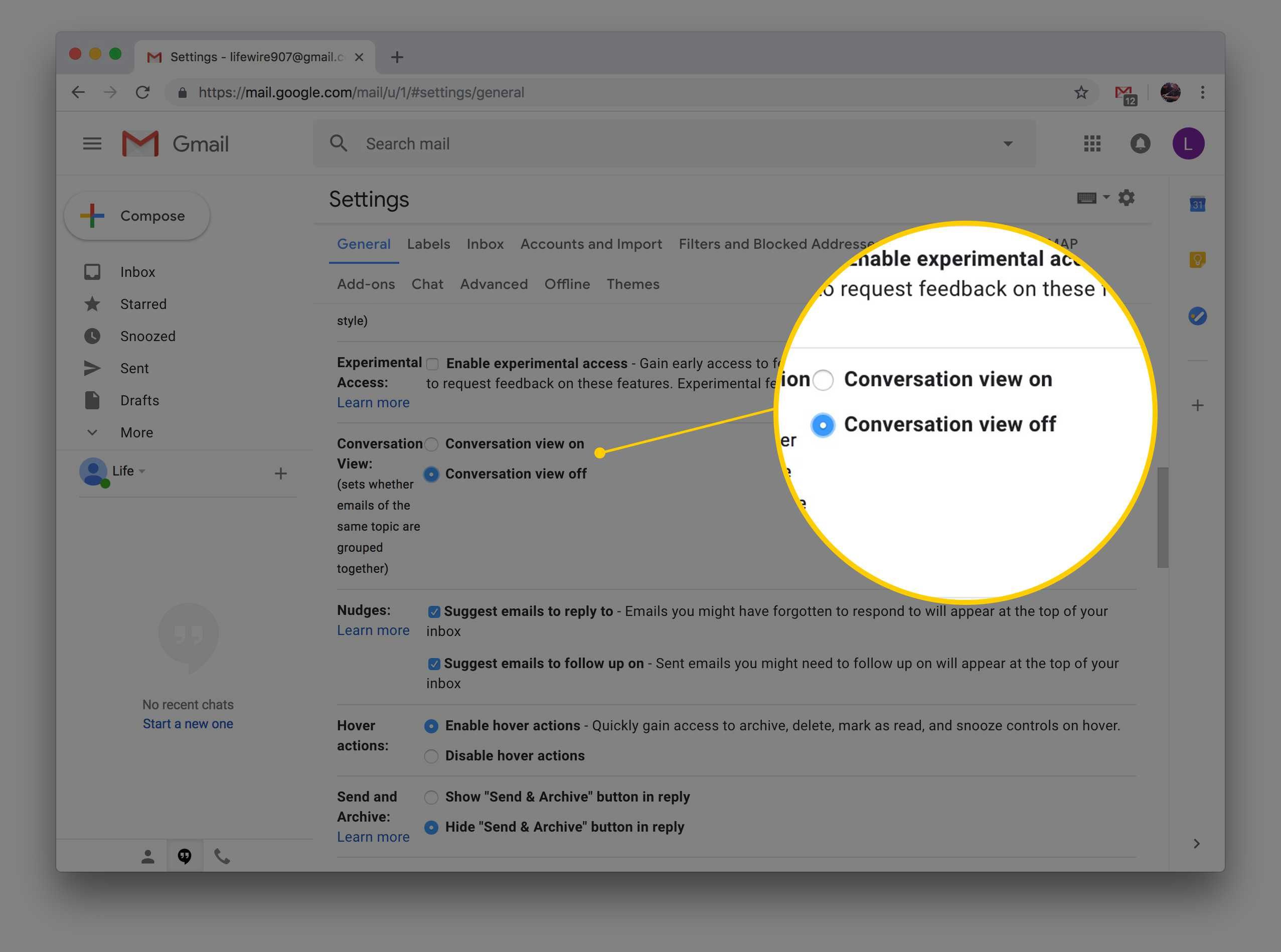 Снимок экрана с настройками Gmail с подсветкой параметров просмотра и отключения диалога