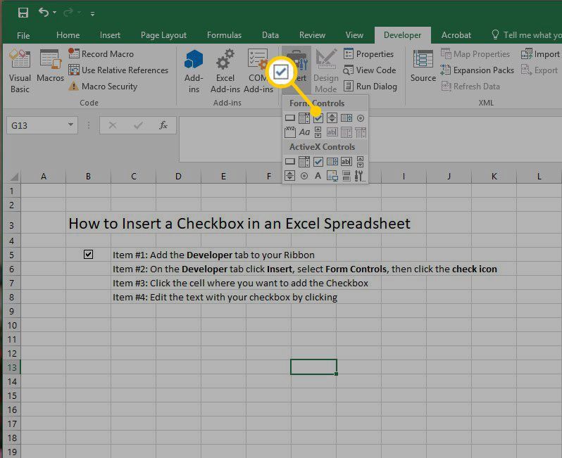 Элементы управления формы, используемые для вставки флажка в Excel