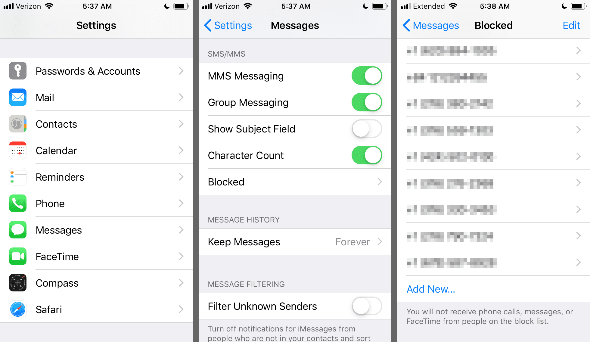 Настройки iPhone, Сообщения, Заблокированные экраны для блокировки текстовых сообщений и звонков