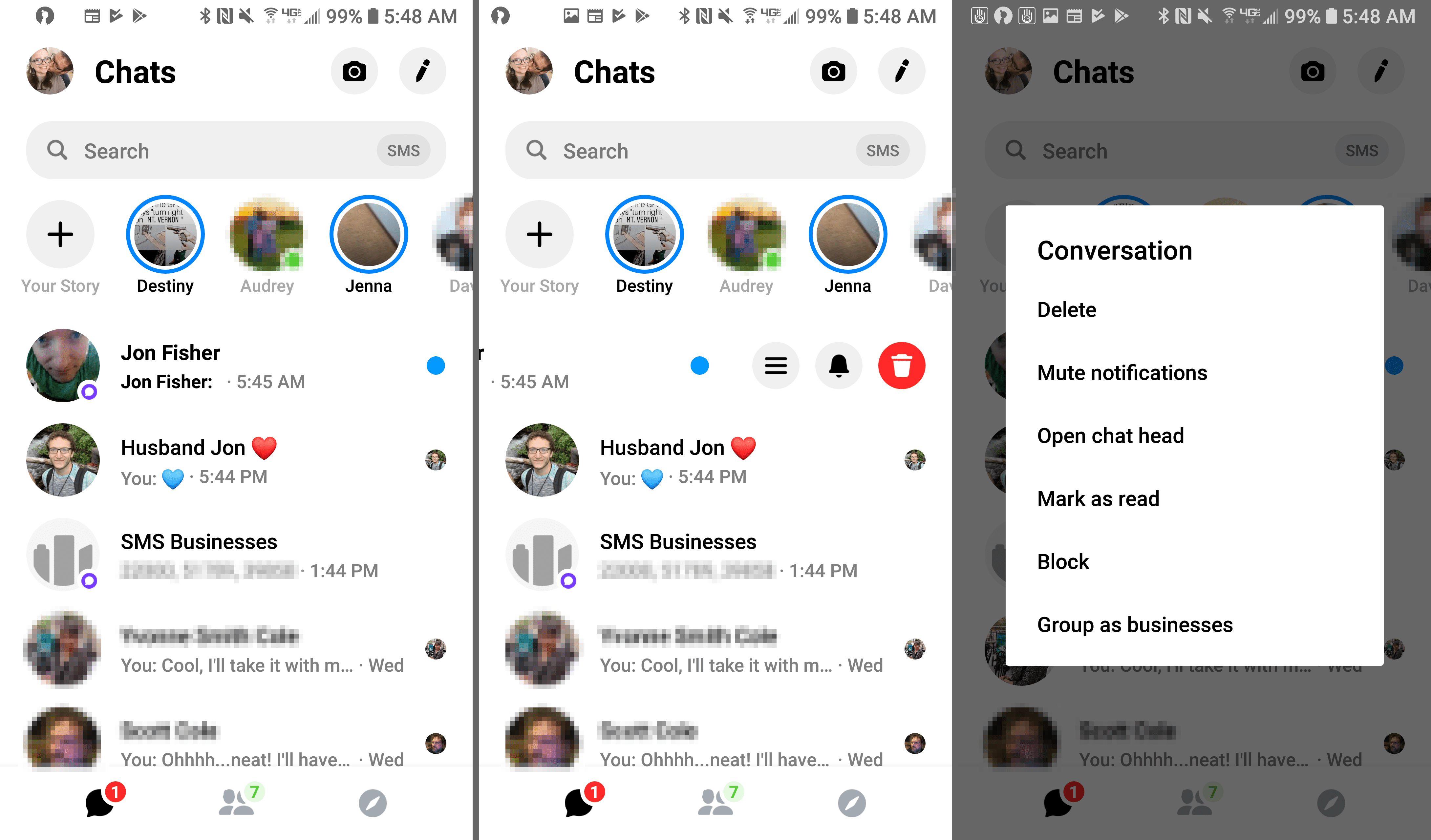 Экран чата Facebook Messenger и возможность блокировки текстов