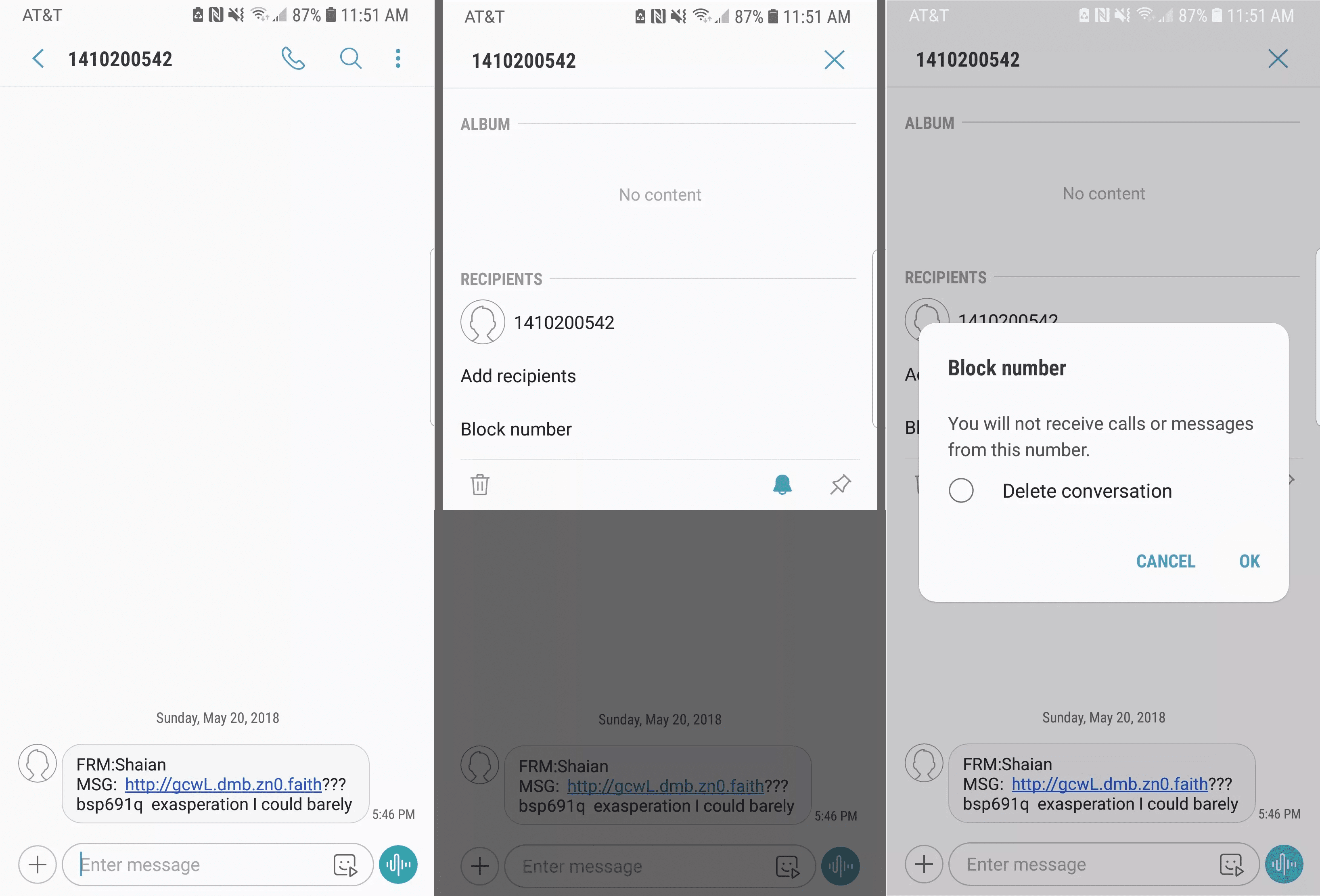 Экраны сообщений Android с опцией номера блока