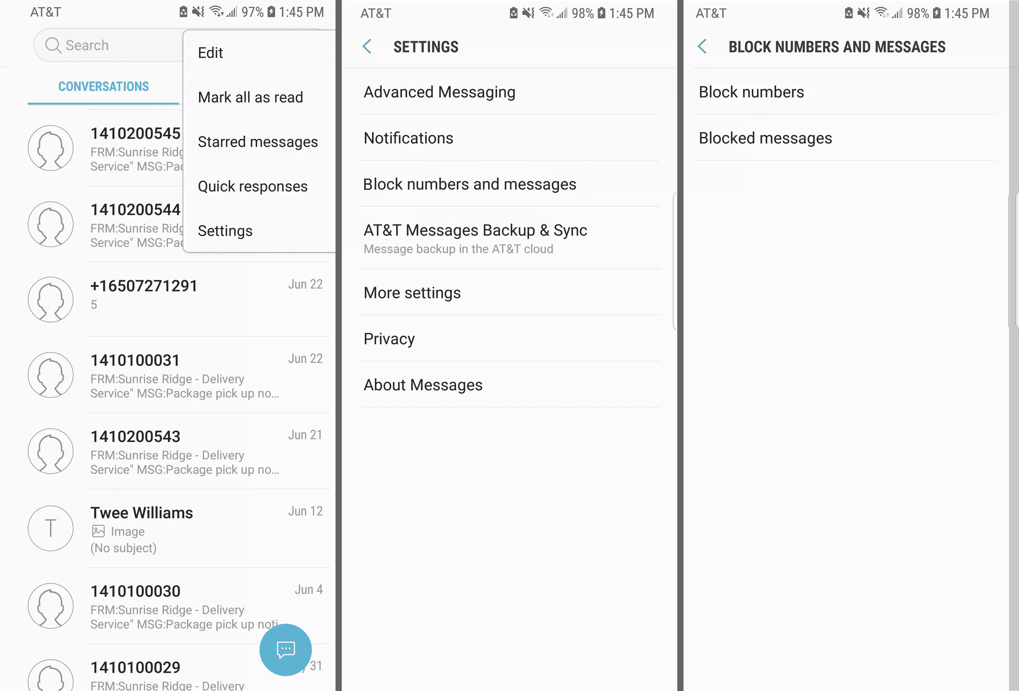 Экран номеров и сообщений блока Android