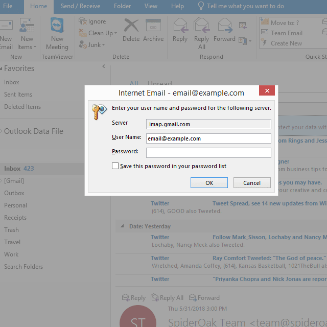 Снимок экрана, на котором Outlook забывает пароль