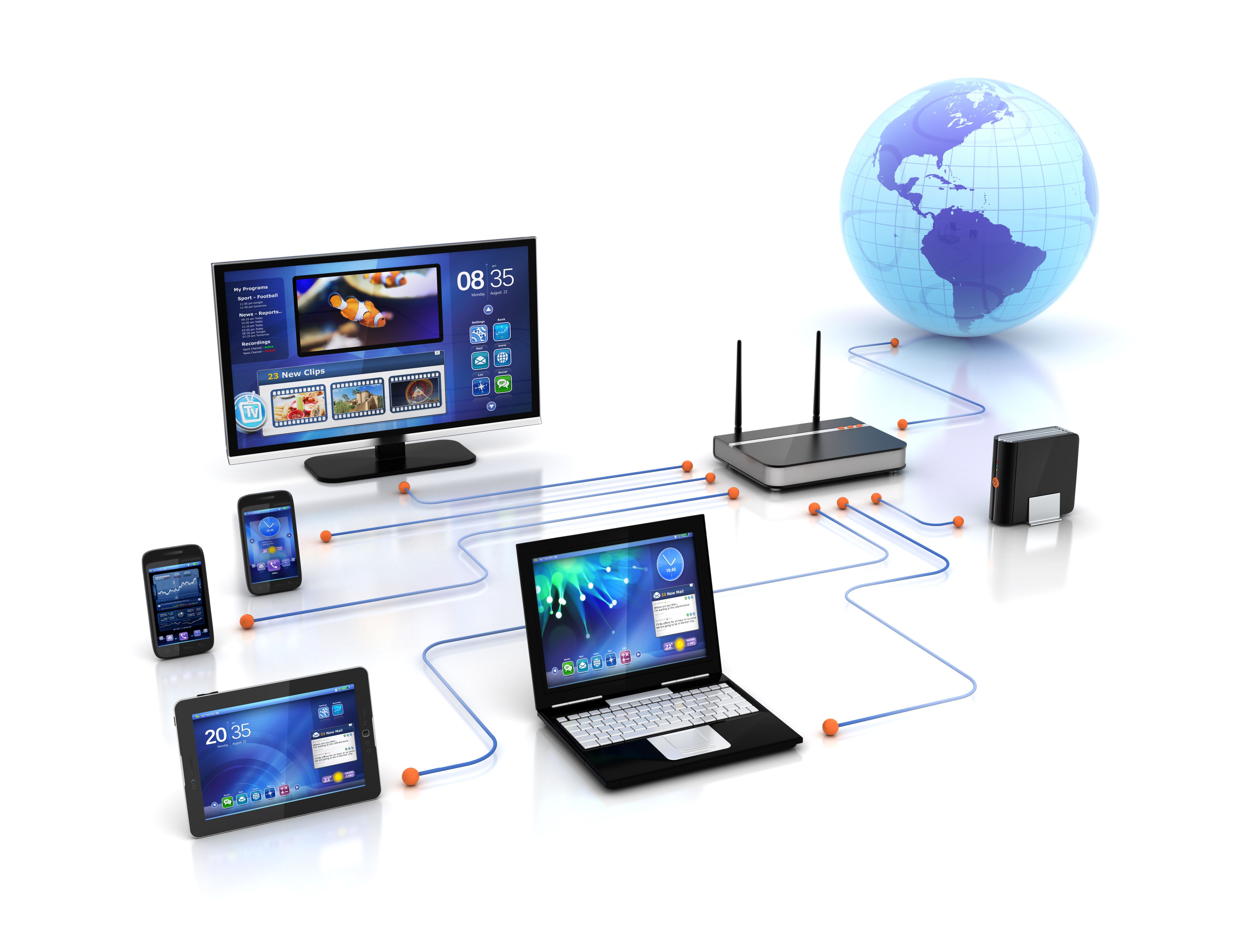 Снимок экрана: ноутбук, планшетный компьютер, настольный компьютер, беспроводной маршрутизатор и два телефона, подключенные к всемирной паутине.