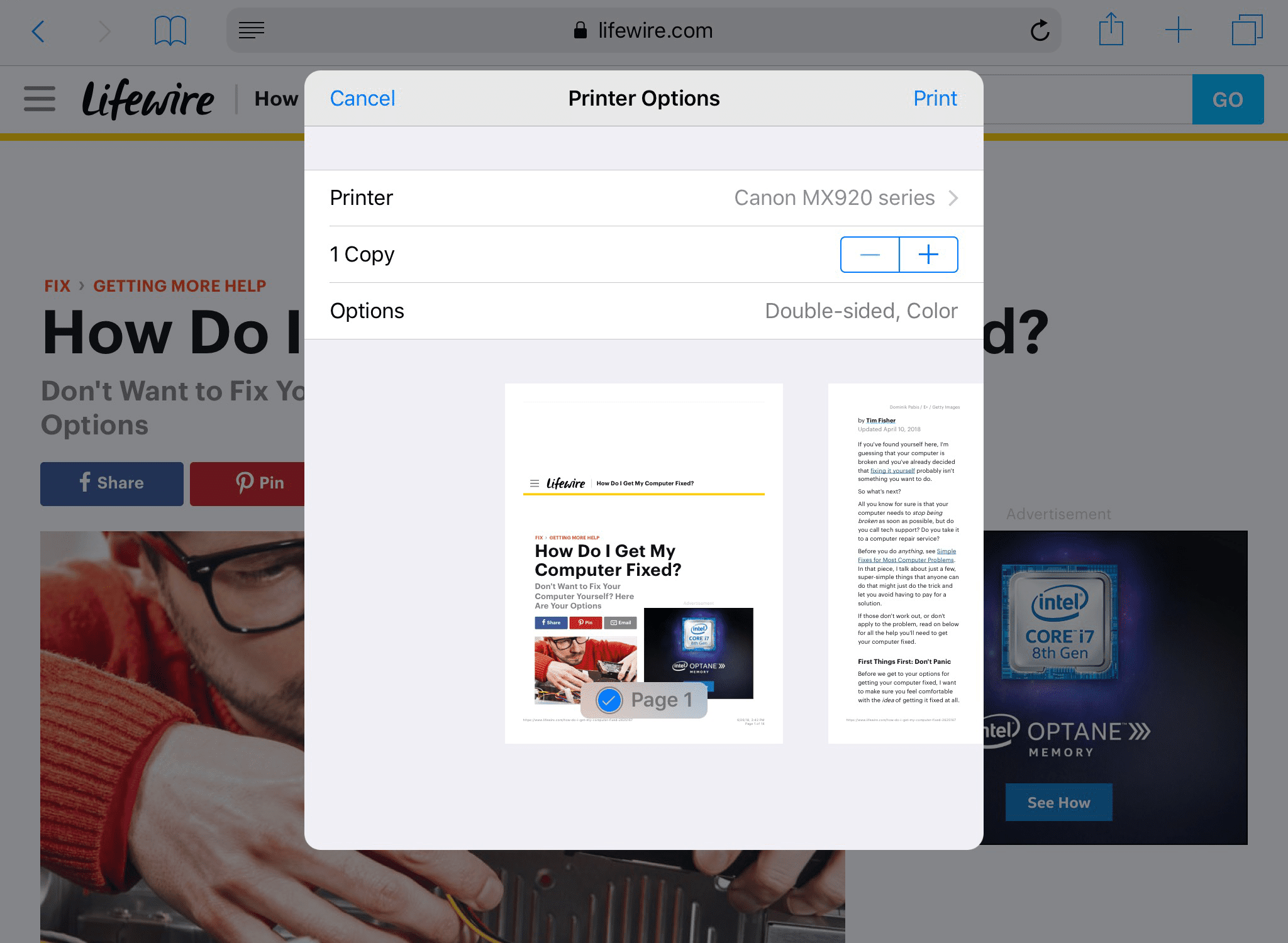 Снимок экрана iPad с принтером