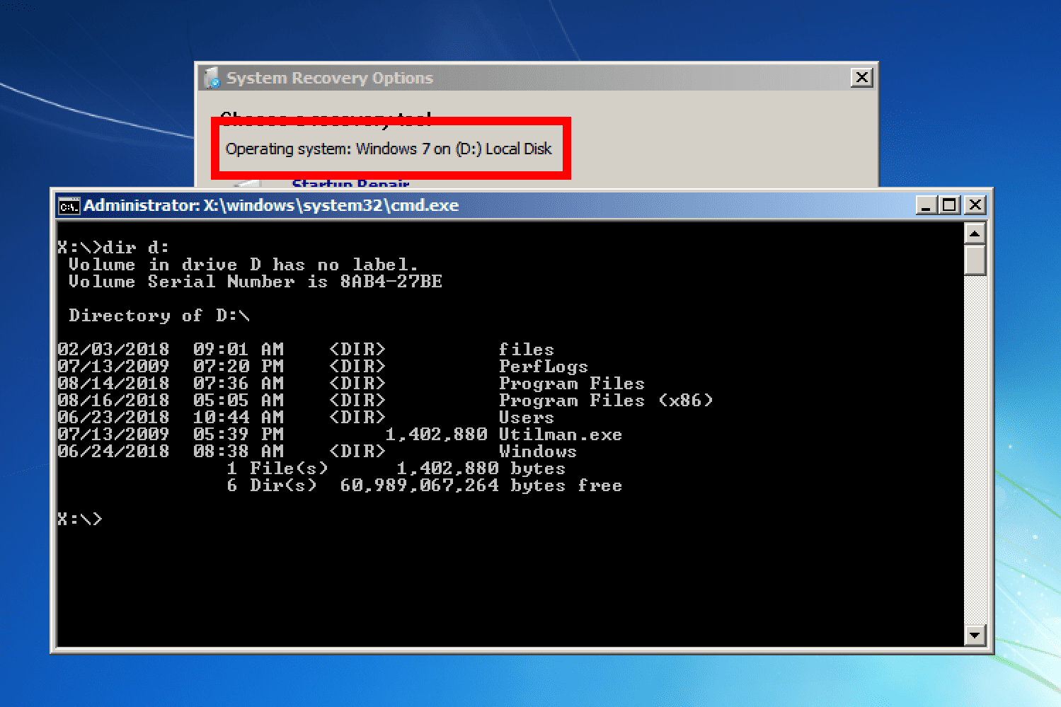 Буква диска меню параметров восстановления системы в Windows 7