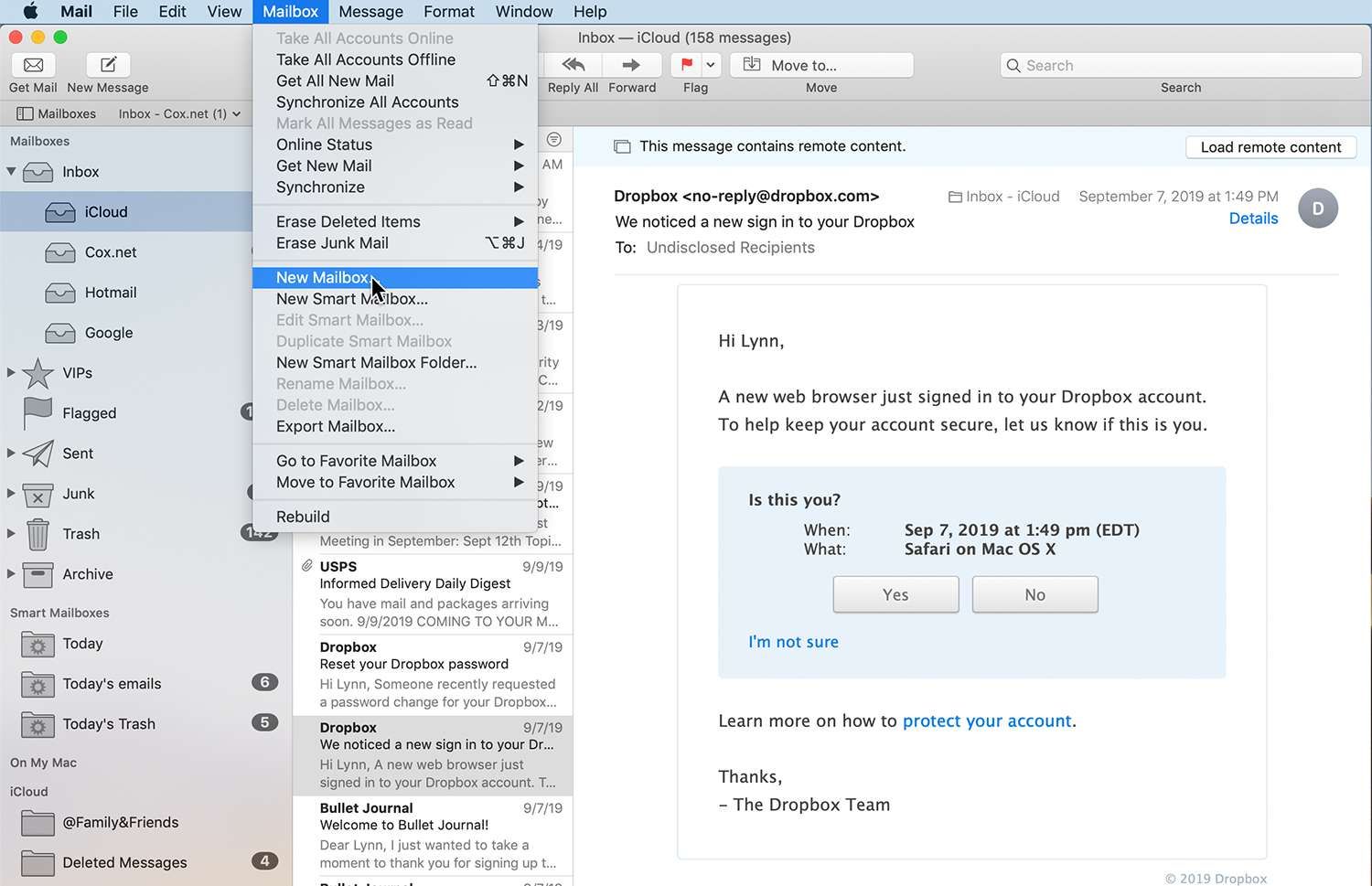Почтовое приложение на Mac, показывающее опцию New Mailbox