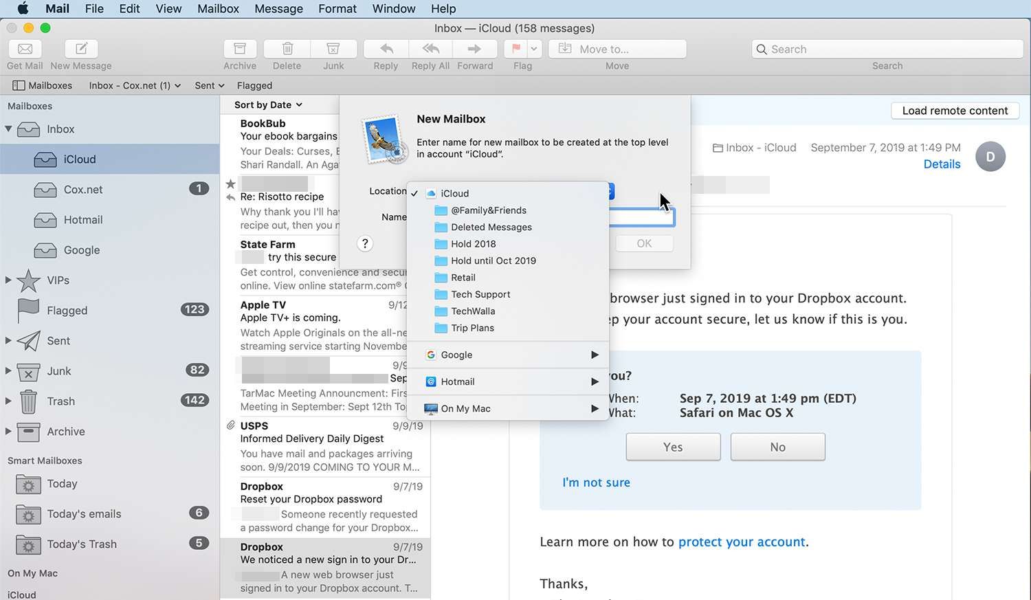 Экран настройки нового почтового ящика в Mac Mail