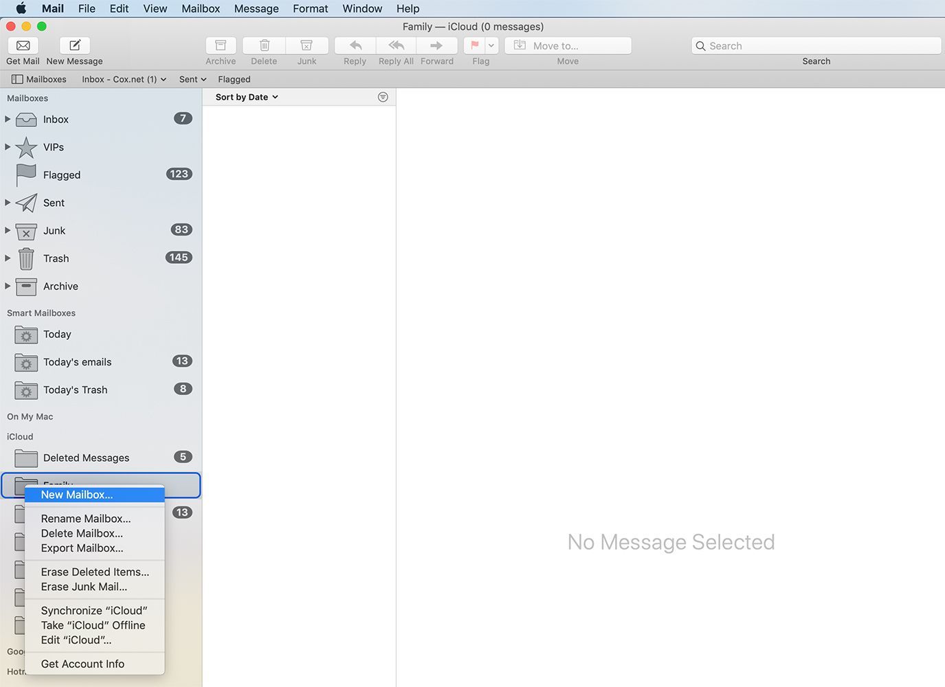 Создание подпапки в почтовом ящике верхнего уровня в Mac Mail