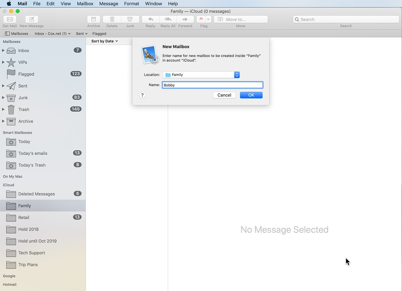 Добавление имени в подпапку в Mac Mail