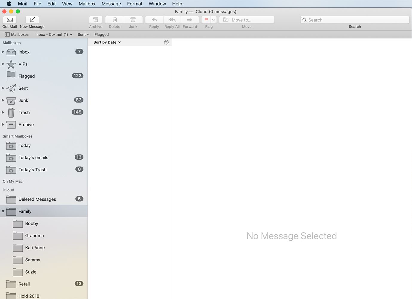 Расширенный почтовый ящик верхнего уровня для отображения вложенных папок в Mac Mail