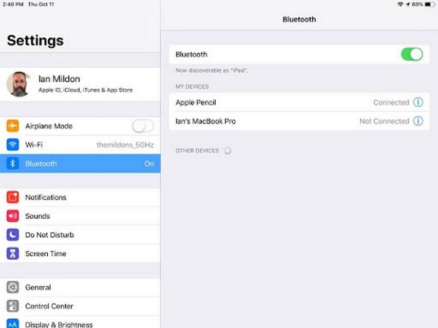 скриншот настройки Bluetooth для iPad
