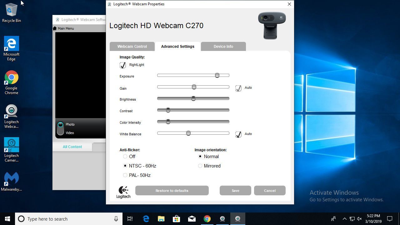 Окно свойств веб-камеры HD Logitech
