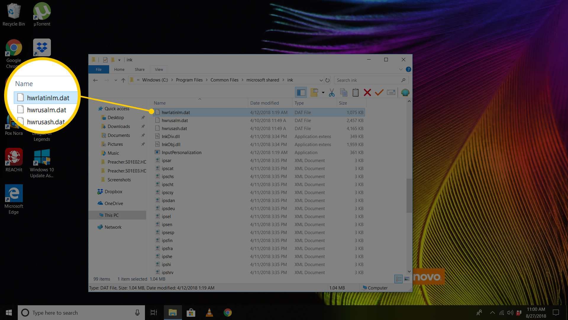Скриншот файла DAT в Windows 10