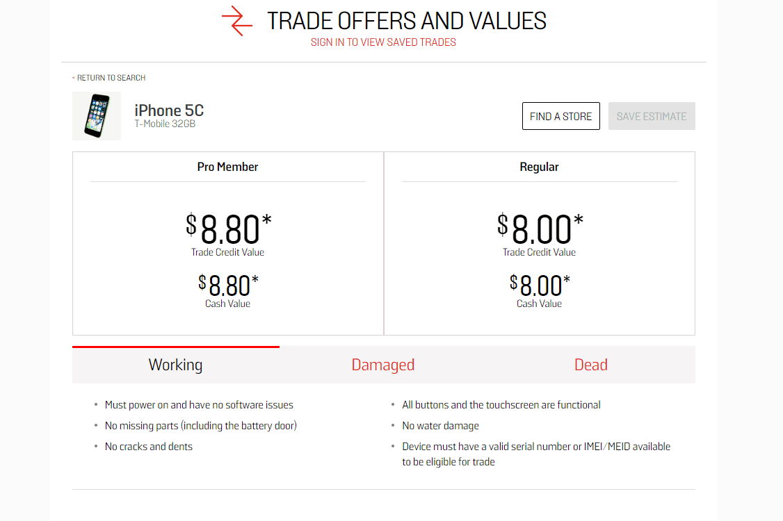 Страница торговых предложений и ценностей GameStop для iPhone 5C