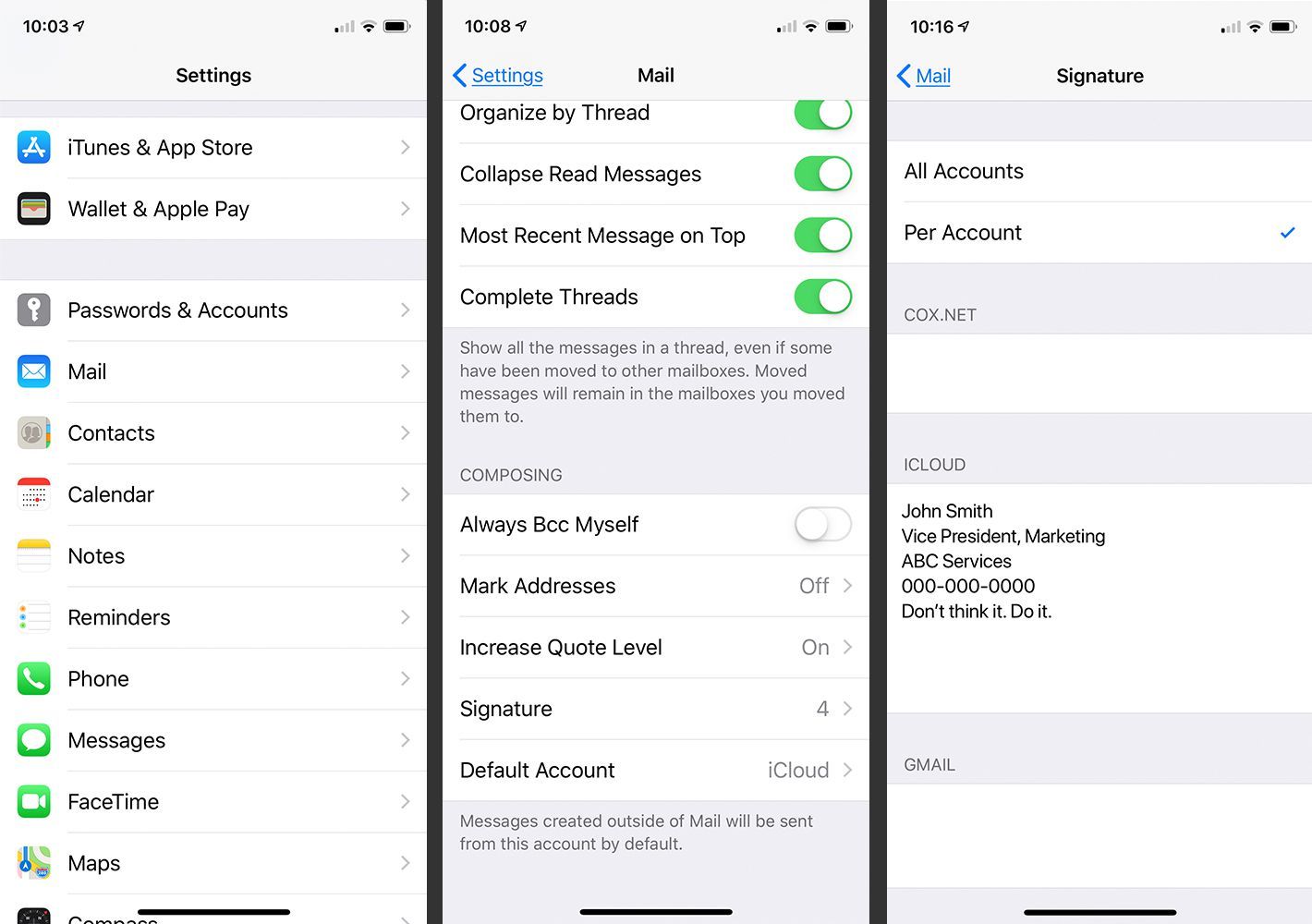 Настройки Почты iOS с опцией Подпись