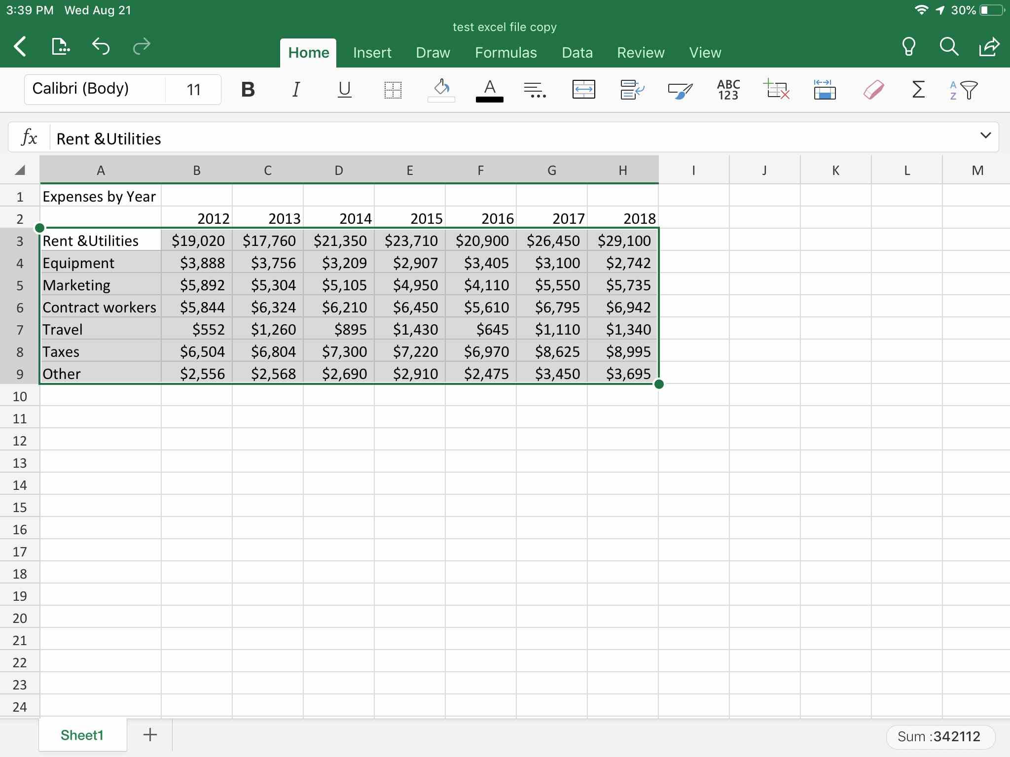 Выбор диапазона данных в Excel для iPad