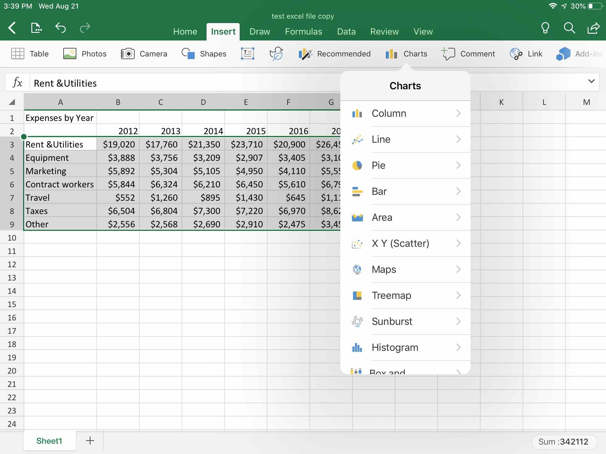 Параметры диаграммы в Excel для iPad