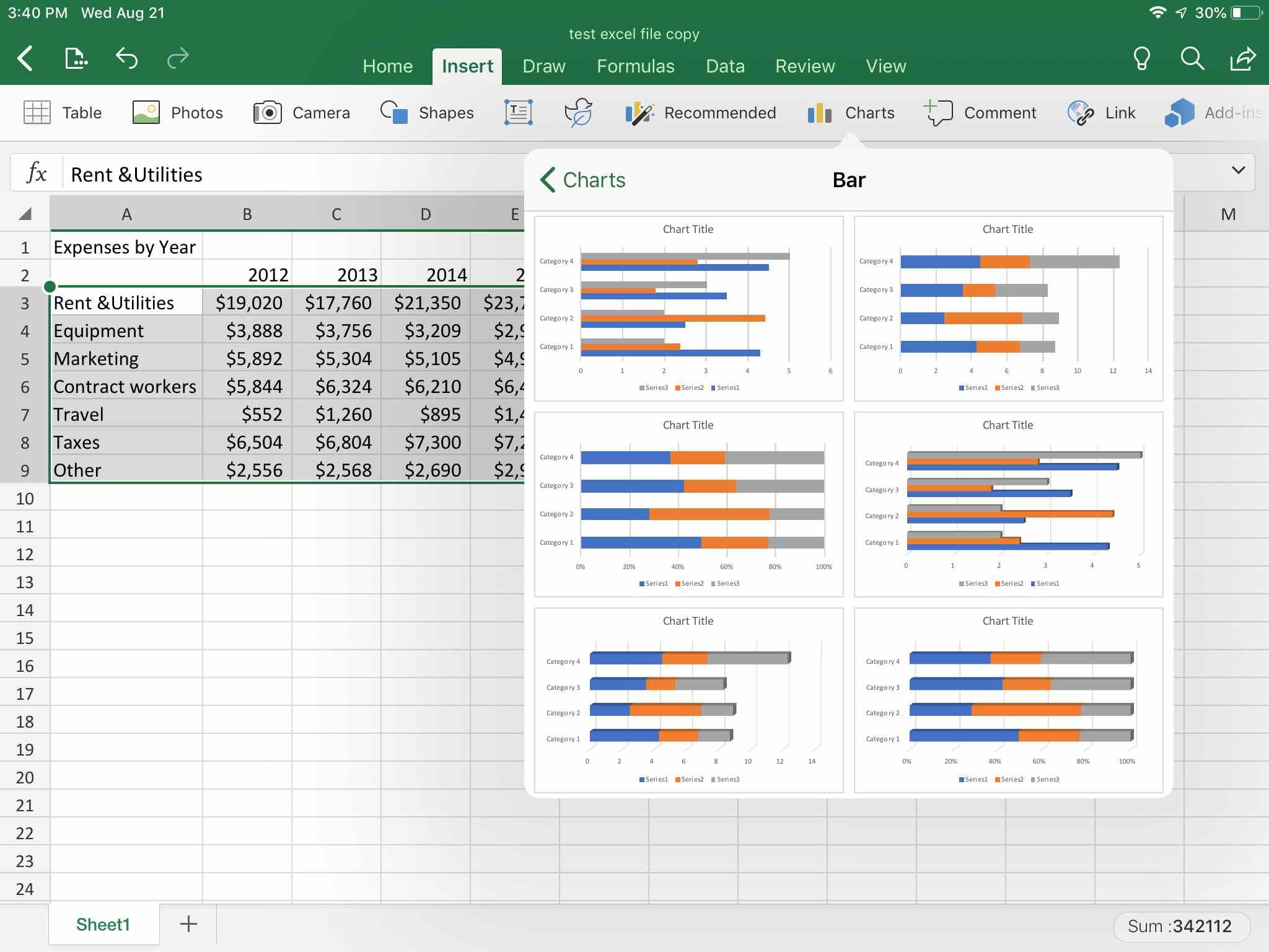 Вариации на гистограмме в Excel для iPad