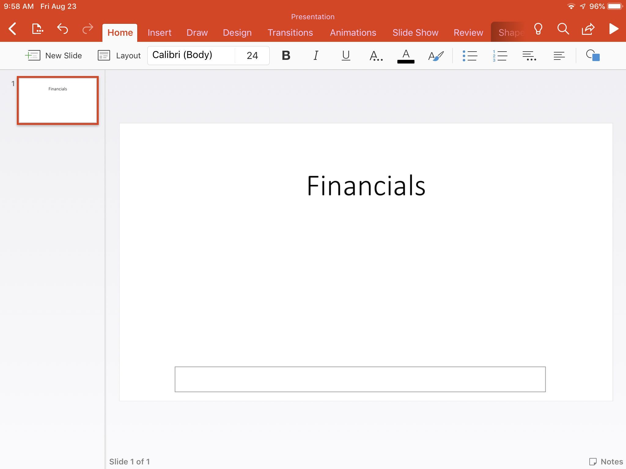 Новый файл презентации в PowerPoint для iPad