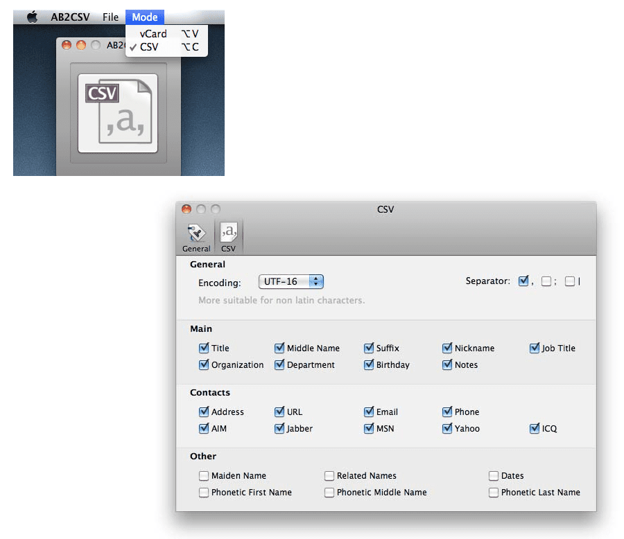 Скриншоты программы AB2CSV на Mac