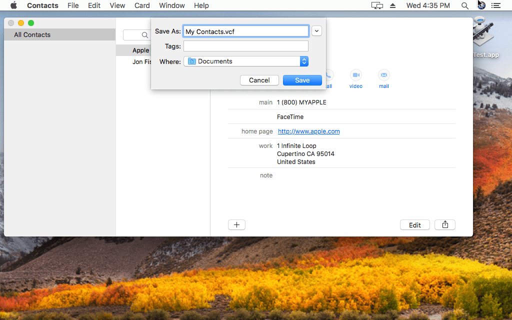 Снимок экрана, показывающий, как экспортировать контакты Mac в файл VCF