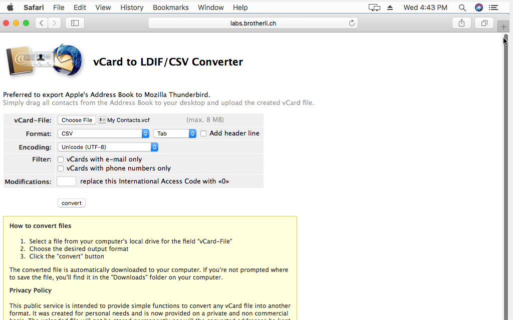 Снимок экрана, показывающий, как конвертировать VCF в CSV на Mac