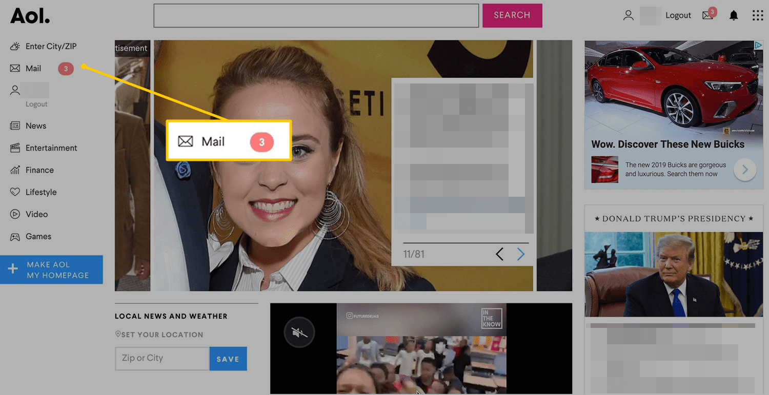Кнопка Почта в левой панели почты AOL в Интернете