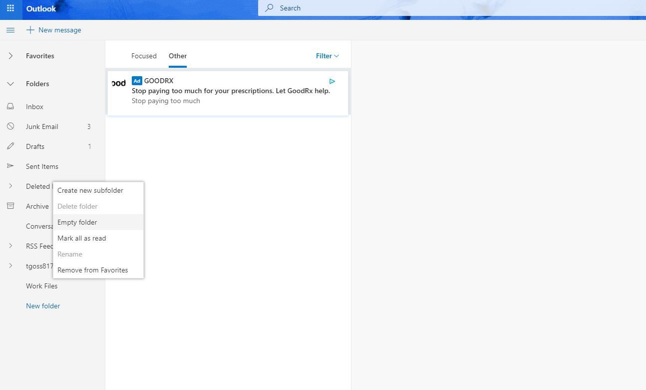 Снимок экрана с пустой папкой в ​​Outlook.com