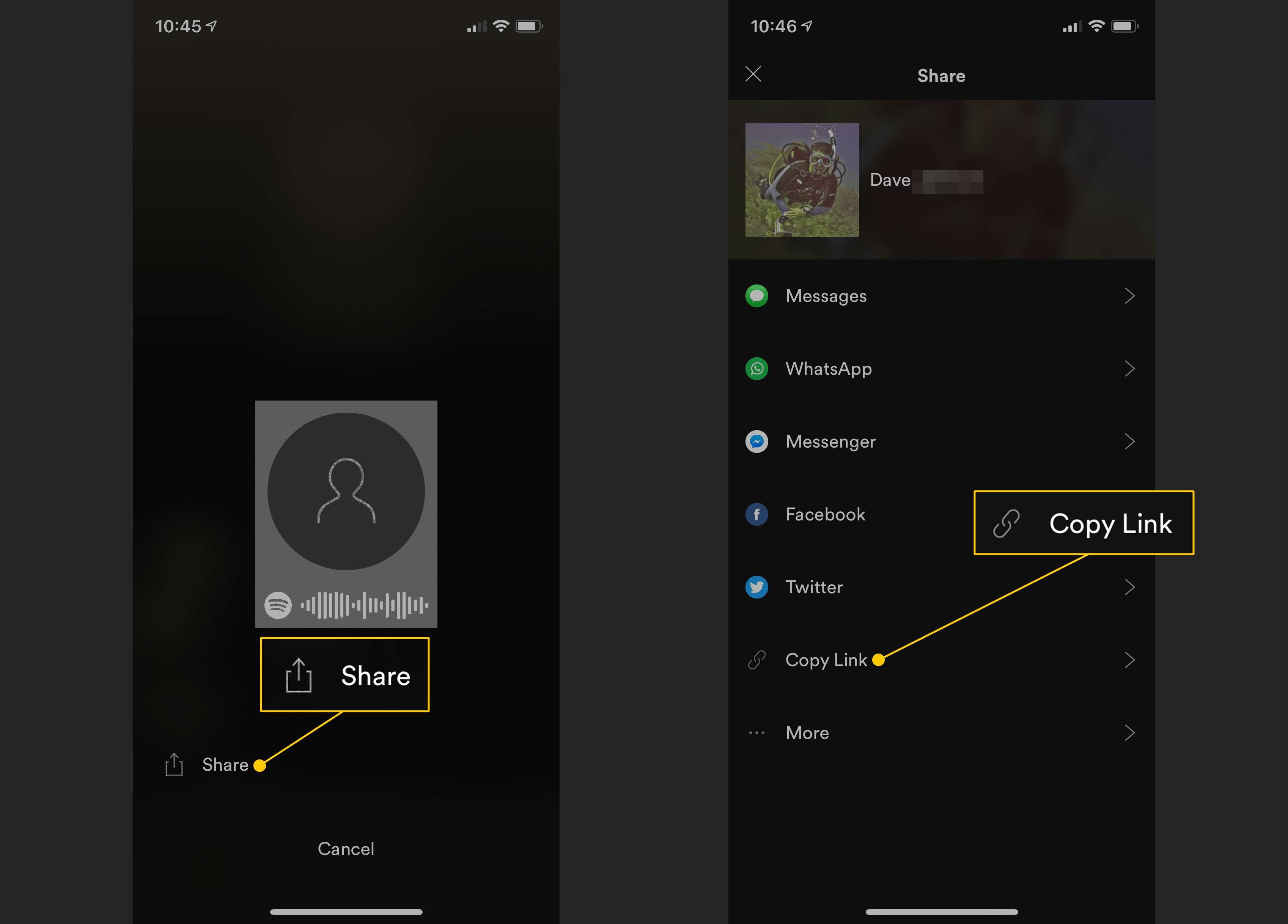 Кнопка «Поделиться», кнопка «Копировать ссылку» в мобильном приложении Spotify
