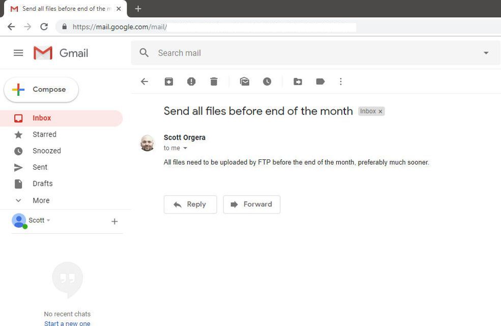 Снимок экрана с сообщением электронной почты в интерфейсе Gmail.
