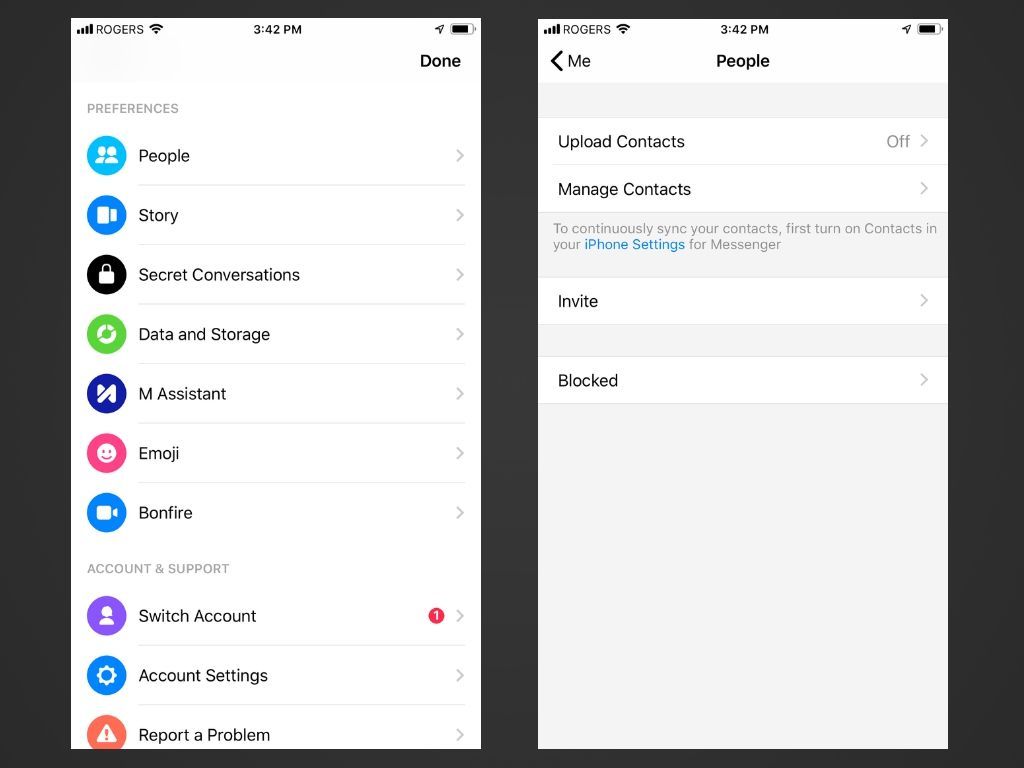 Два скриншота приложения Messenger для iOS.