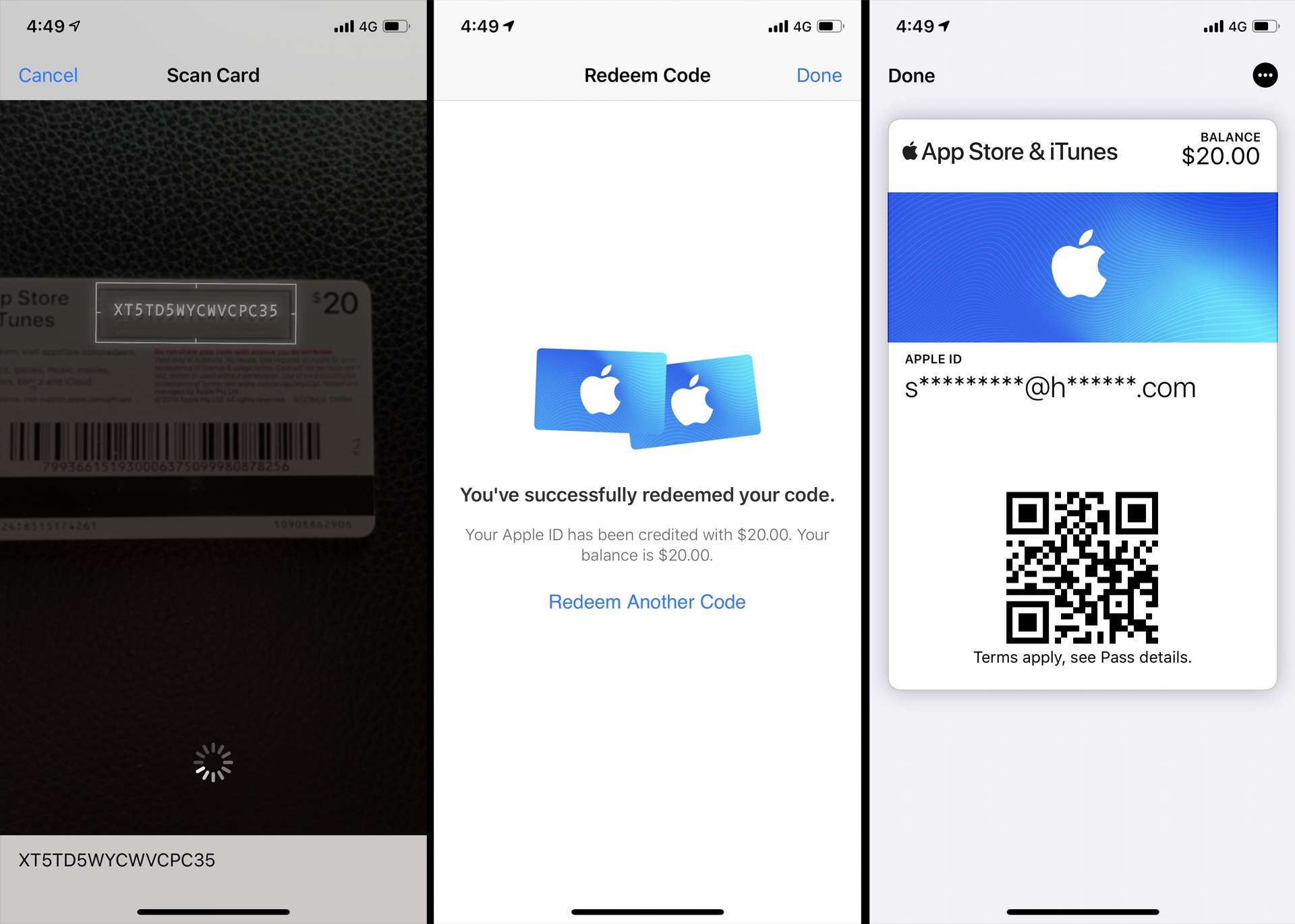 Выкуп подарочной карты в приложении iPhone App Store и просмотр кредита в приложении Wallet.